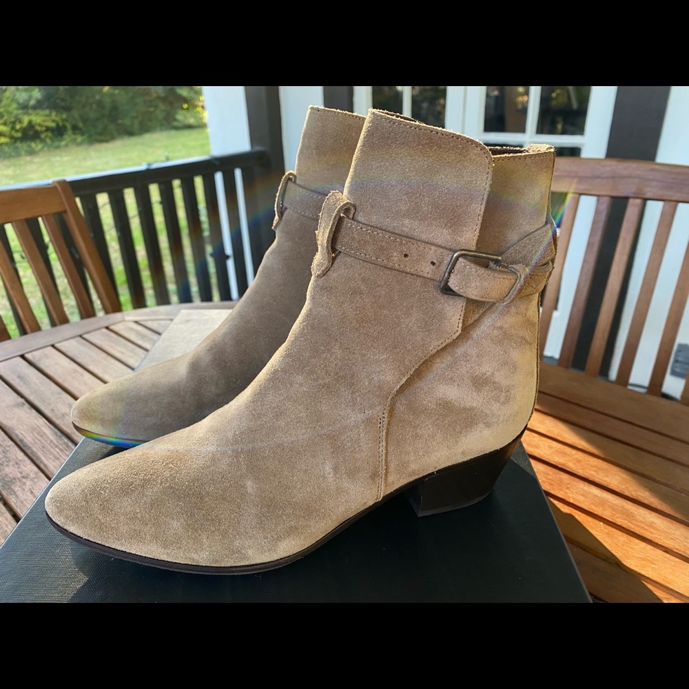 Saint Laurent Taupe Suede Ankle Boots with Buckle